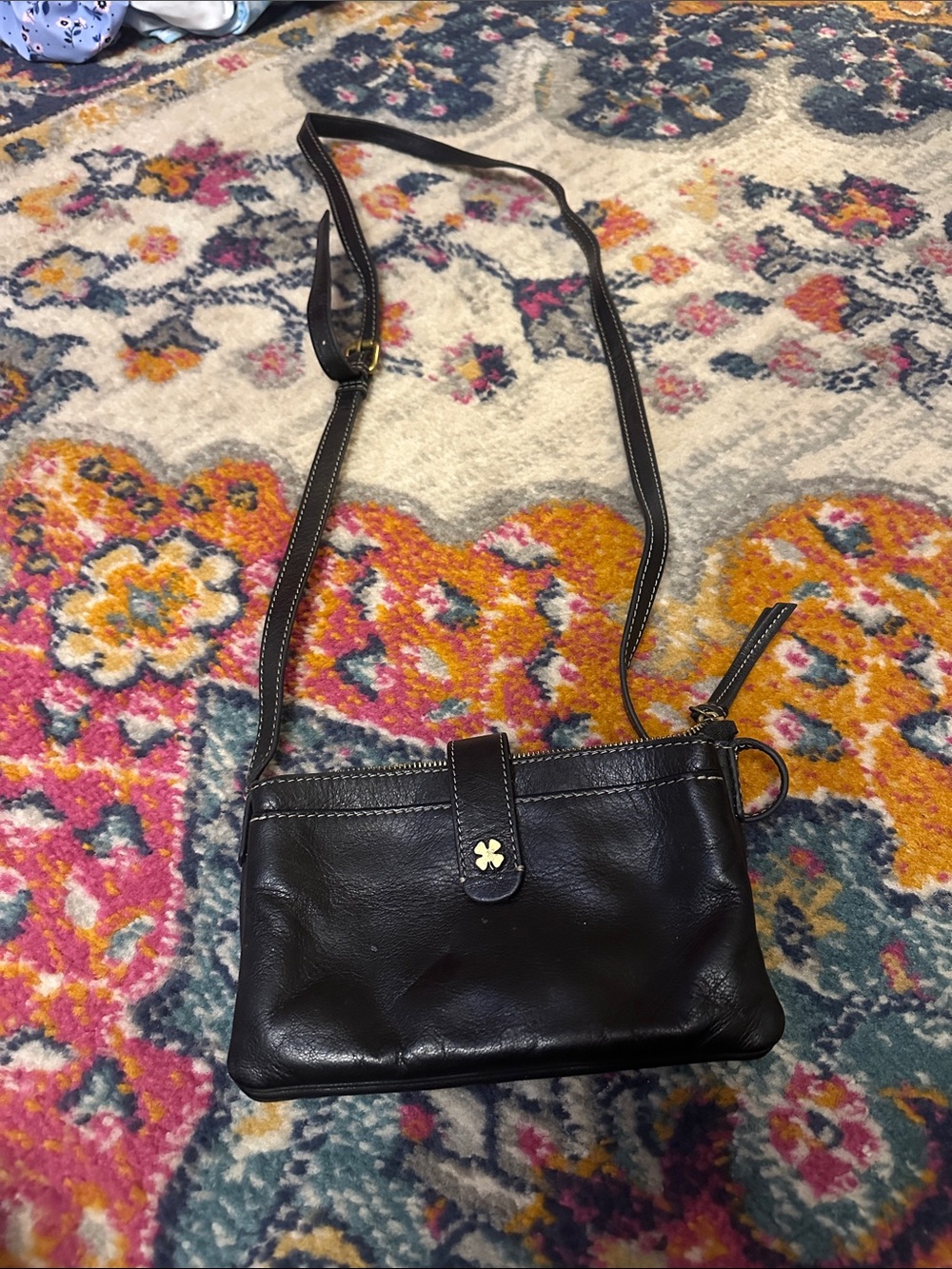 Black Lucky Brand Leather Crossbody Bag with Clover Accent